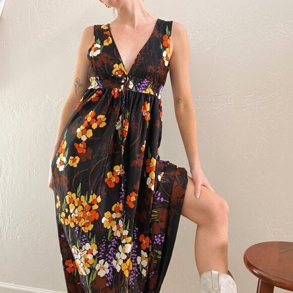 Vintage Floral Maxi Dress - Black, Orange, Purple - Picture 5 of 9
